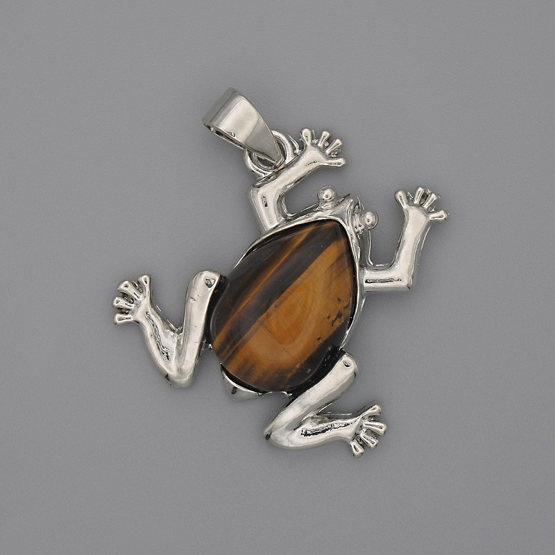 Pendant Frog Tiger's Eye 29x28mm +/-, length 37mm +/-
