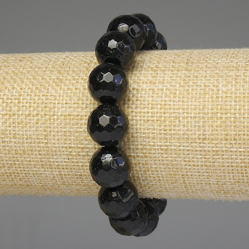Black Agate Bracelet with Faceted Bead 14 mm ±, length 18 mm ± Stretch