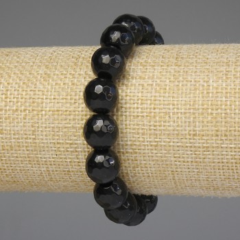 Black Agate Bracelet with Faceted Beads 12 mm, Length 18 mm, Stretch