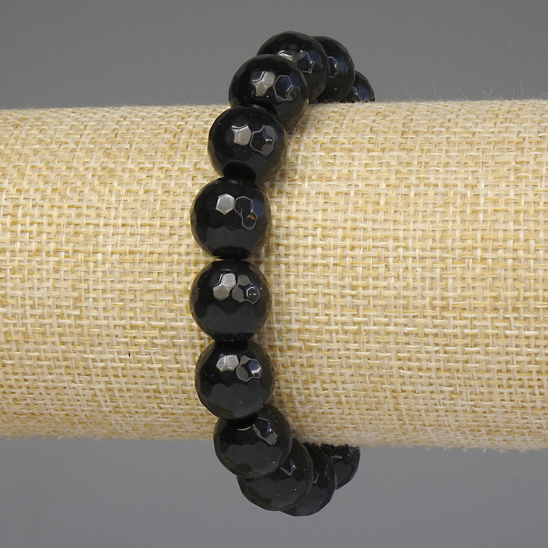 Black Agate Bracelet with Faceted Beads 12 mm, Length 18 mm, Stretch