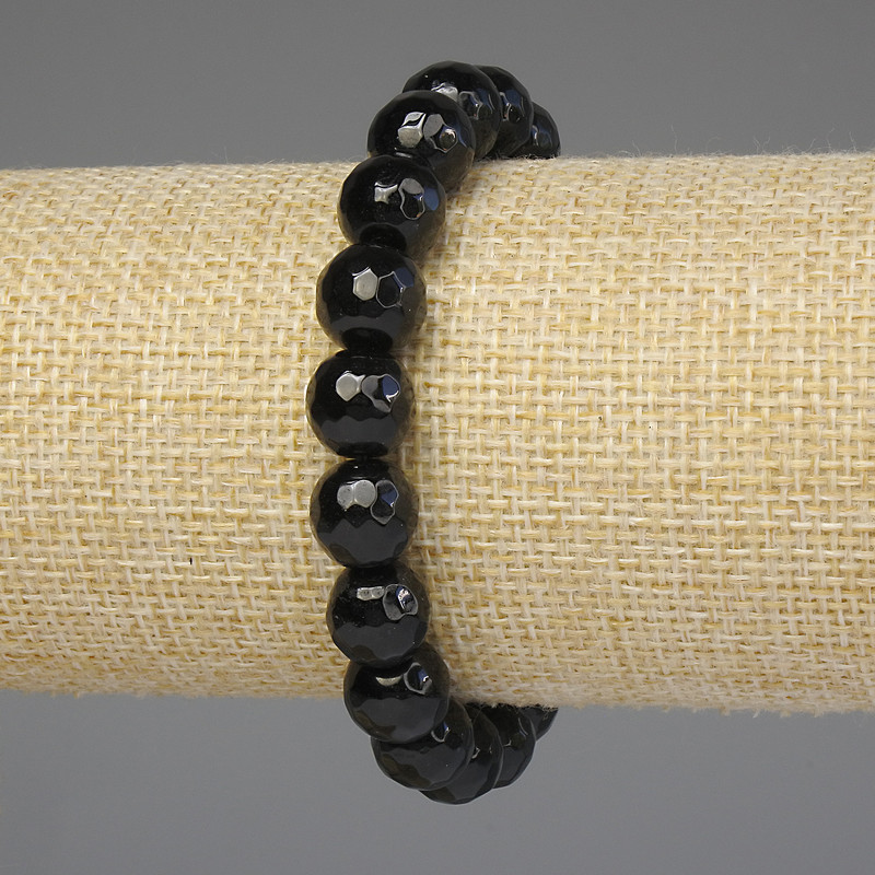 Bracelet Black Agate, Faceted Bead 10 mm +-, Length 18 mm +-, Stretch