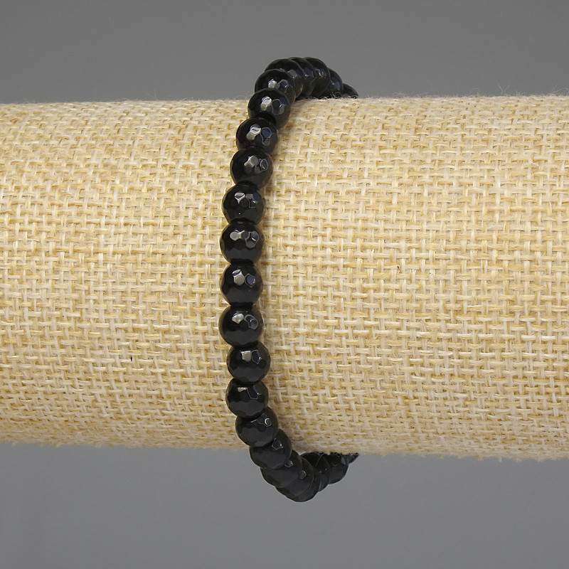 Black Agate Bracelet with Faceted Beads 6 mm, 18 cm Length, Stretch