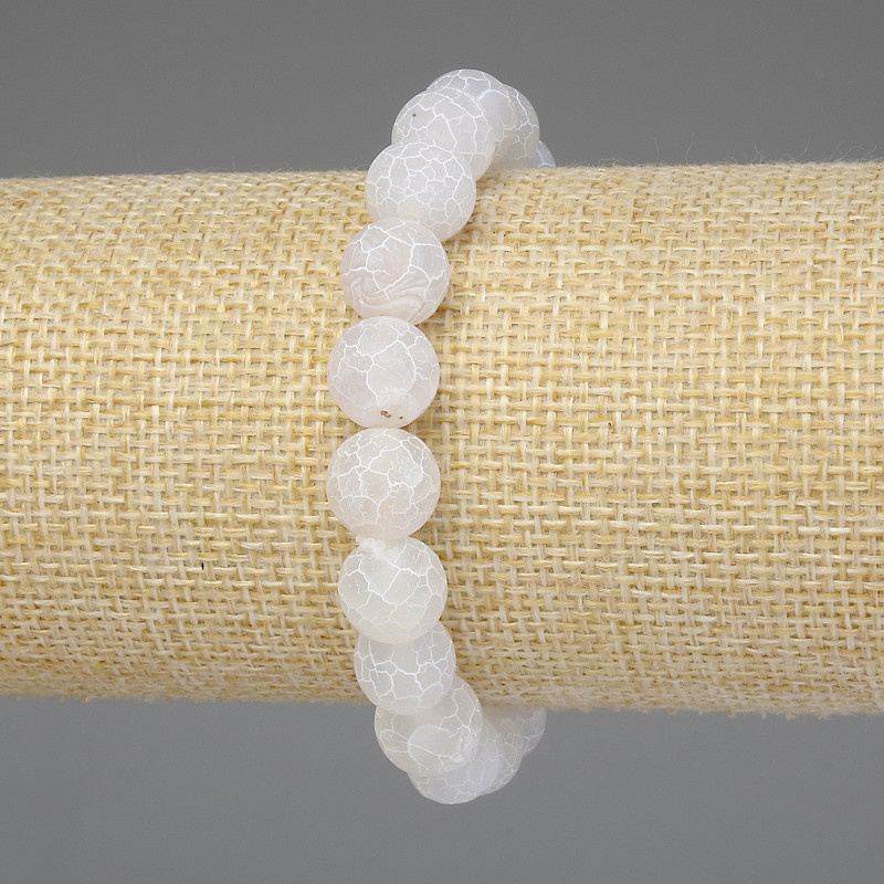 Bracelet with White Frosted Agate, Smooth Beads 10mm, Length 18mm +/- Stretch