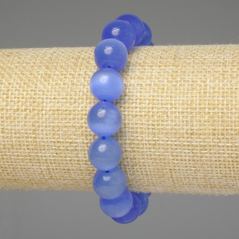 Blue Cat's Eye Bracelet with Smooth Beads 12 mm, 18 mm length, Stretch