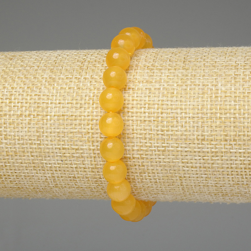 Bracelet with Yellow Cat's Eye, Smooth Beads 8 mm, Length 18 mm, Stretch