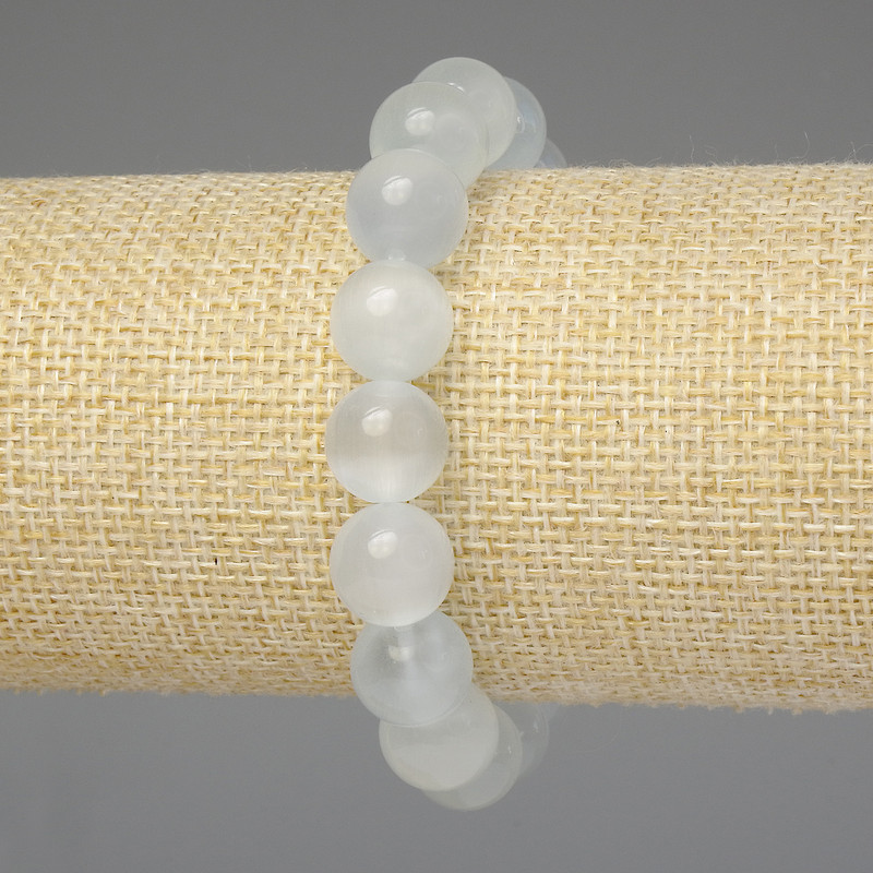 Gray Cat's Eye Bracelet with Smooth Beads 11 mm, Length 18 mm, Elastic