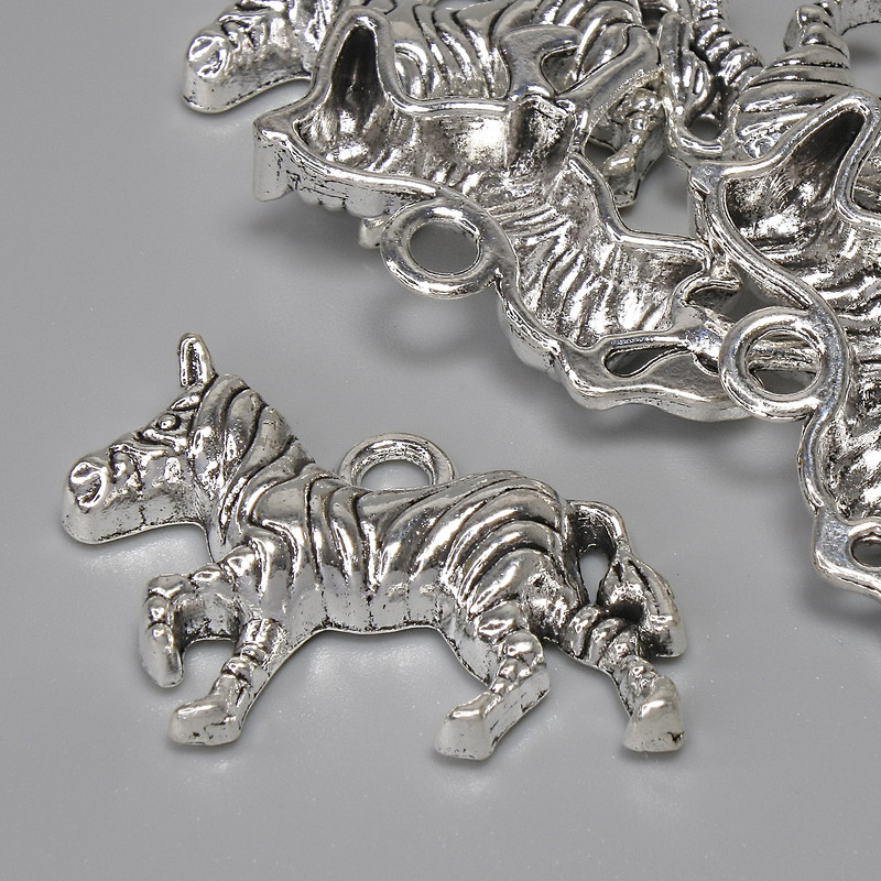 Zebra Pendant, Silver-Colored Metal, 27x21 mm, Bail Hole 3.2 mm, Pack of 5