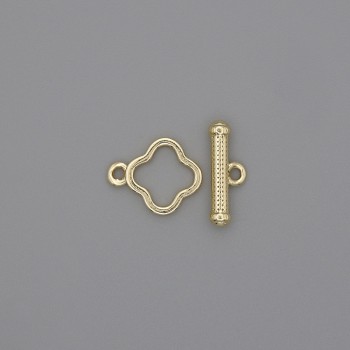 Toggle Clasp - Clover-Shaped, Gold-Tone Metal, 14x3 mm ±, 10 mm diameter ±, Hole Ø 8 mm ±