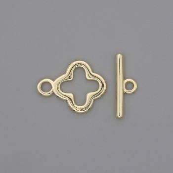 Toggle clasp hardware, Clover-shaped, 17x2 mm +/-, 14 mm diameter +/-, hole diameter 10 mm +/-, gold-tone metal