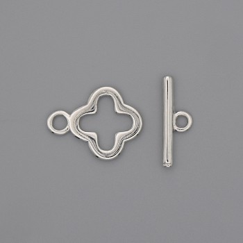 Toggle Clasp Hardware, Clover-Shaped, 17×2 mm Diameter; Clover Decorative Element 14 mm; Hole Diameter 10 mm; Silver-Colored Metal
