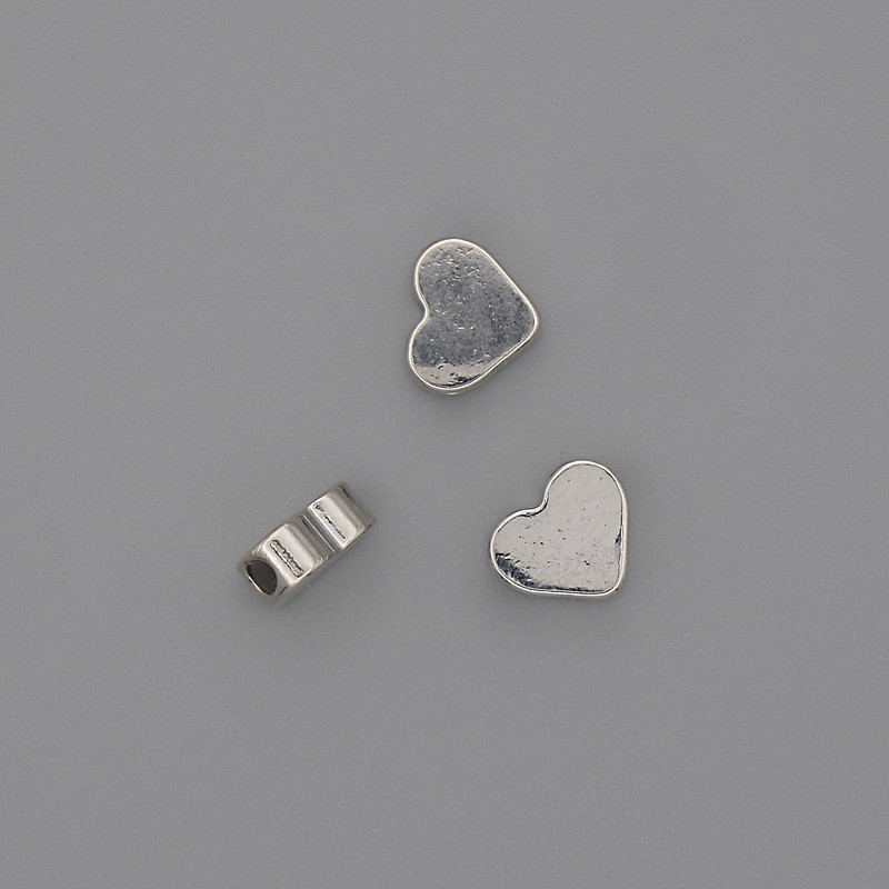Bead Insert, Heart Shape, Silver Metal Color, Diameter 7x7.5 mm, Hole Diameter 2 mm