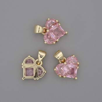 Heart Pendant with Pink Crystals 12x12 mm, length 17 mm, gold-tone metal