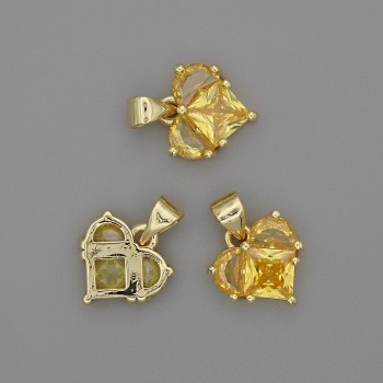 Heart Pendant with Yellow Crystals, 12x12 mm, 17 mm length, gold-tone metal