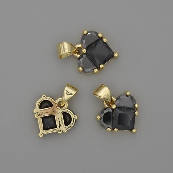 Heart Pendant with Black Crystals, 12x12 mm, 17 mm Length, Gold-Tone Metal