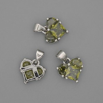 Heart Pendant with Green Crystals 12x12mm+-, length 17mm+-, silver-toned metal