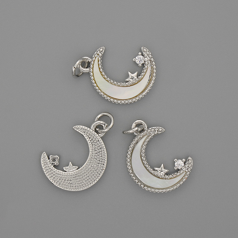 Moon Pendant with Mother-of-Pearl 15x13mm +/- White Rhinestone, Length 20mm +/- Silver-tone Metal