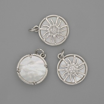 Pendant Mother of Pearl Sun 15mm±, length 20mm±, silver metal