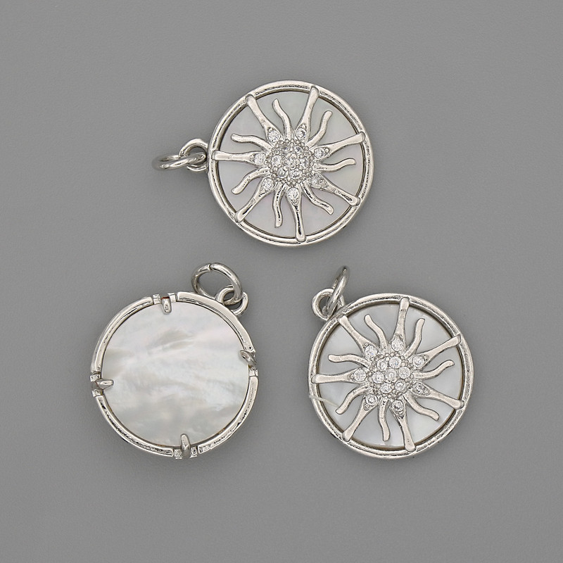Pendant Mother of Pearl Sun 15mm±, length 20mm±, silver metal