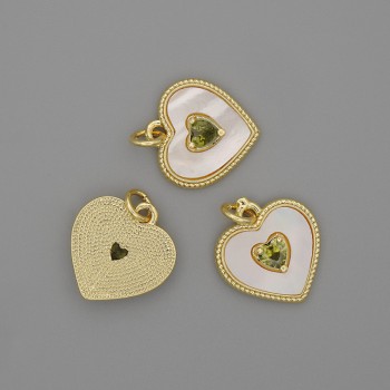 Pendant Mother-of-Pearl Heart 15x15 mm ± green crystal, length 18 mm ± gold-tone metal