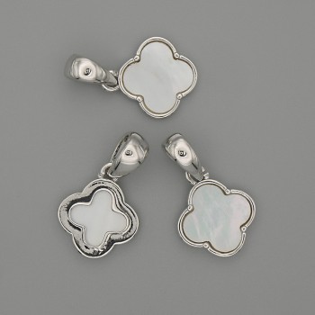 Mother-of-Pearl Four-Leaf Clover Pendant 14x14 mm, length 24 mm, silver-tone metal