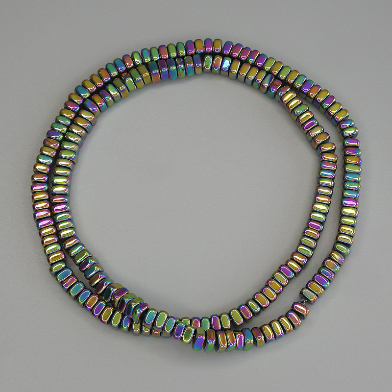 Iridescent Rainbow Hematite Beads, Square Rondelles 4x2 mm +/- on Beading Thread, 40 cm Length