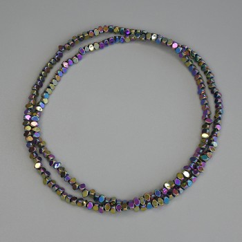 Iridescent rainbow-colored hematite beads, faceted triangular rondel 3x2mm, on thread, length 40 cm+
