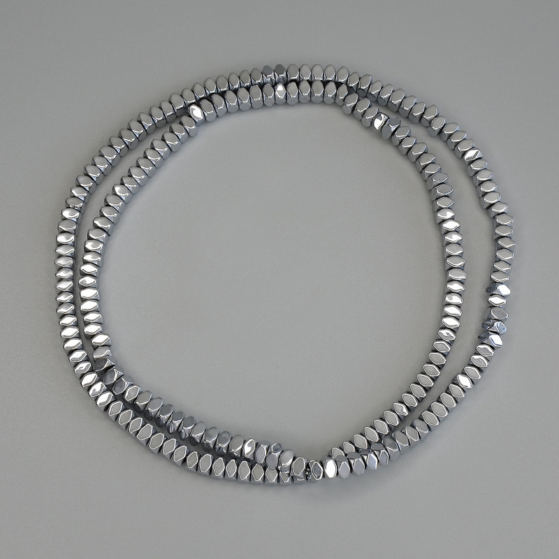 Hematite beads, silver color, faceted square rondel 3x2 mm ±, on thread, length 40 cm+