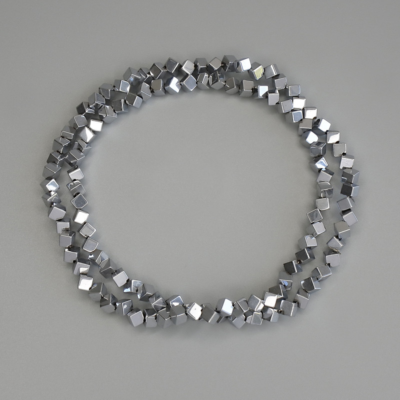 Hematite Beads Silver Color Cube 3×3 mm with Transverse Hole on Beading Thread, 38 cm Length