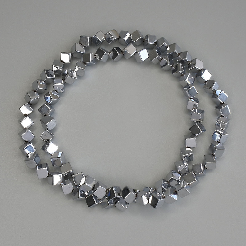 Hematite Beads, Silver Color, Cube-Shaped with a 4x4 mm Through Hole, on Thread, Length 38 cm