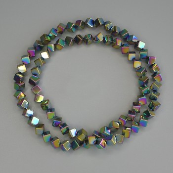 Rainbow Hematite Beads, Cube-Shaped, Cross-Drilled 4x4 mm ±, On Thread, Length 38 cm+
