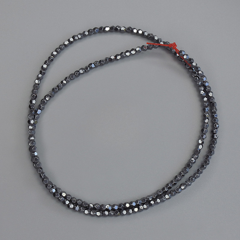 Hematite Beads, Faceted, 2x2 mm Diameter, on Beading Thread, Length 42 cm+