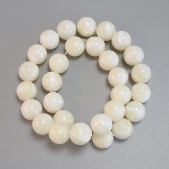 Mother-of-pearl beads, smooth round ball, 13mm diameter ±, 38cm length ± on thread