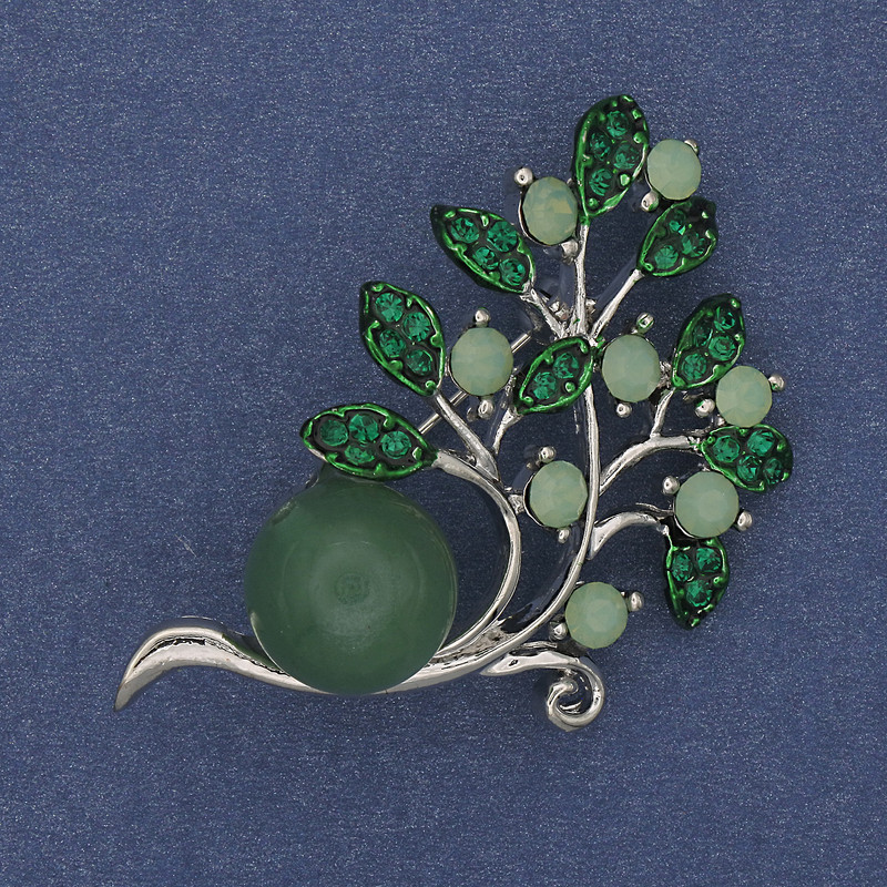 Twig Brooch with Nephrite Bead and Green Crystals, Silver Metal 48x28mm