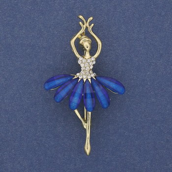 Brooch Pendant 'Ballerina' with White Crystals, Gold-Tone Metal, 50x28 mm