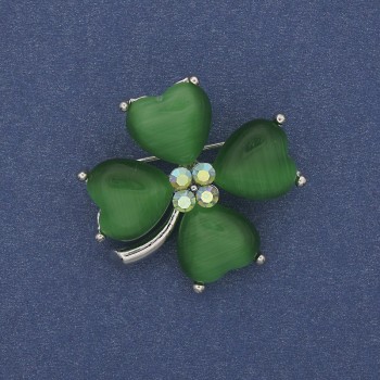 Brooch 'Four-Leaf Clover' with green cat's eye crystals, silver metal 31×31 mm+