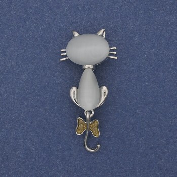 Brooch-Pendant Cat Cat's Eye Silvery Metal 49x25mm+