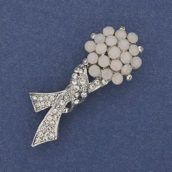 Bow Brooch with White and White-Matte Crystals, Silver Metal, diameter 48x17 mm +