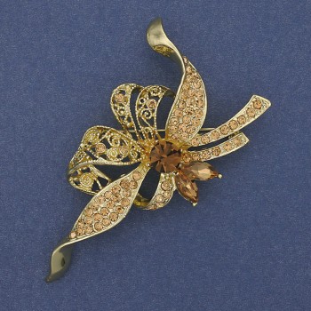 Bow Brooch with Yellow Crystals, Golden Metal, 72x43 mm +