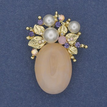 Brooch-pendant 'Accent' Pink Quartz, Crystals, Faux Pearls (Imitation) Gold-tone 40x30mm+