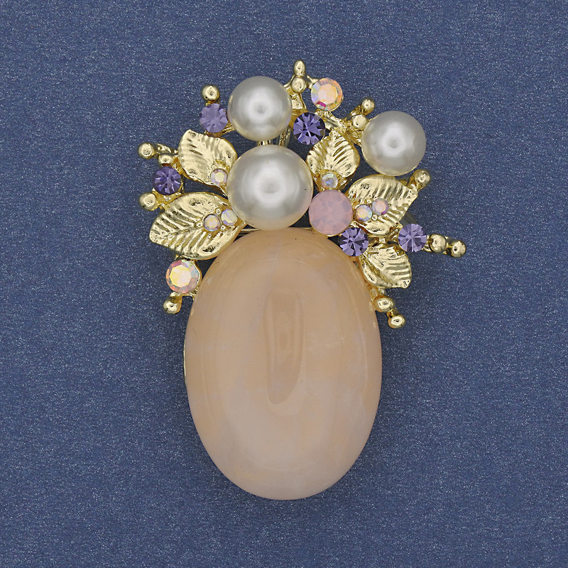 Brooch-pendant 'Accent' Pink Quartz, Crystals, Faux Pearls (Imitation) Gold-tone 40x30mm+