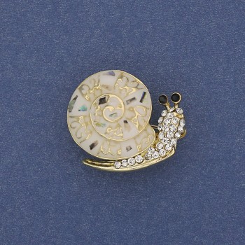 Brooch Snail Chalcedony White Crystals Gold-tone Metal 20×26mm+