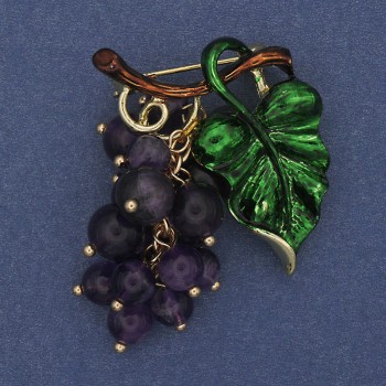 Grapes Brooch-Pendant with Amethyst Beads and Green Enamel, Gold-Tone Metal 36x40mm