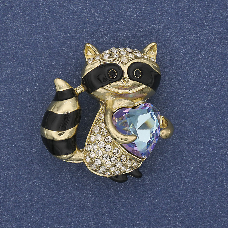 Raccoon Brooch Pendant with White Crystals, Crystal Heart, Golden Metal, 32x30mm+