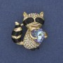 Raccoon Brooch Pendant with White Crystals, Crystal Heart, Golden Metal, 32x30mm+