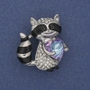 Raccoon brooch-pendant with white crystals, crystal heart, silver-tone metal, 32x30 mm+
