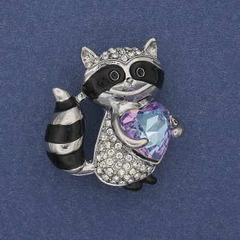 Raccoon brooch-pendant with white crystals, crystal heart, silver-tone metal, 32x30 mm+