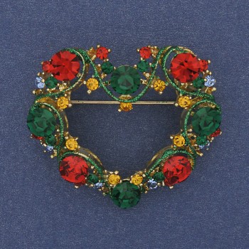 Heart enamel brooch pendant with crystals, golden metal 40x35mm+