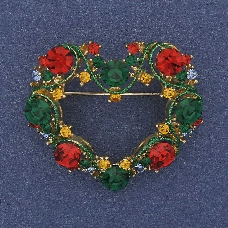 Heart enamel brooch pendant with crystals, golden metal 40x35mm+