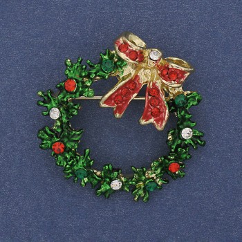 Brooch Pendant New Year's Wreath, Enamel, Crystals, Gold-Tone Metal, 36mm+