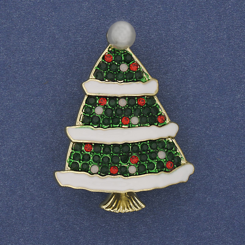 Brooch Pendant New Year's Tree green and white enamel, crystals, pearl, gold-tone metal 40x30 mm +